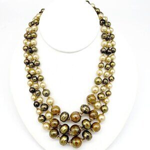 Vtg Triple Strand Beaded Necklace AB Lucite & Faux Pearls Brown Green Hong Kong